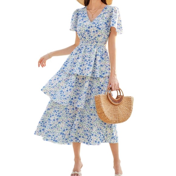 Grace Karin Dresses & Skirts - GRACE KARIN Floral Midi Dress V Neck Short Sleeve Ruffle Tiered Layered